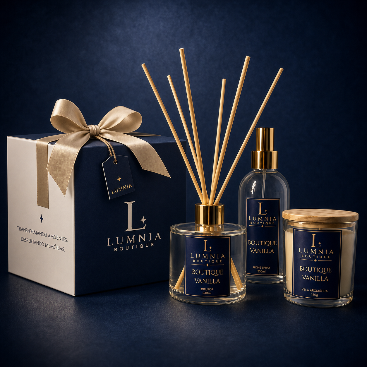 Kit completo Lumnia Boutique com caixa, difusor, Home Spray e vela aromática