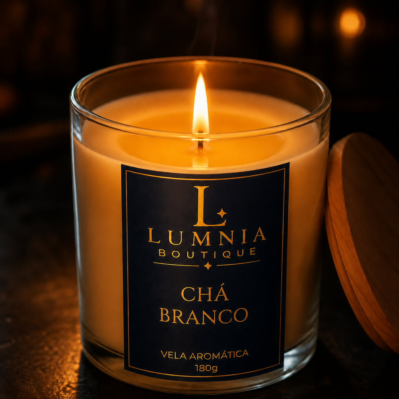 Vela Aromática Lumnia Chá Branco 180g acesa