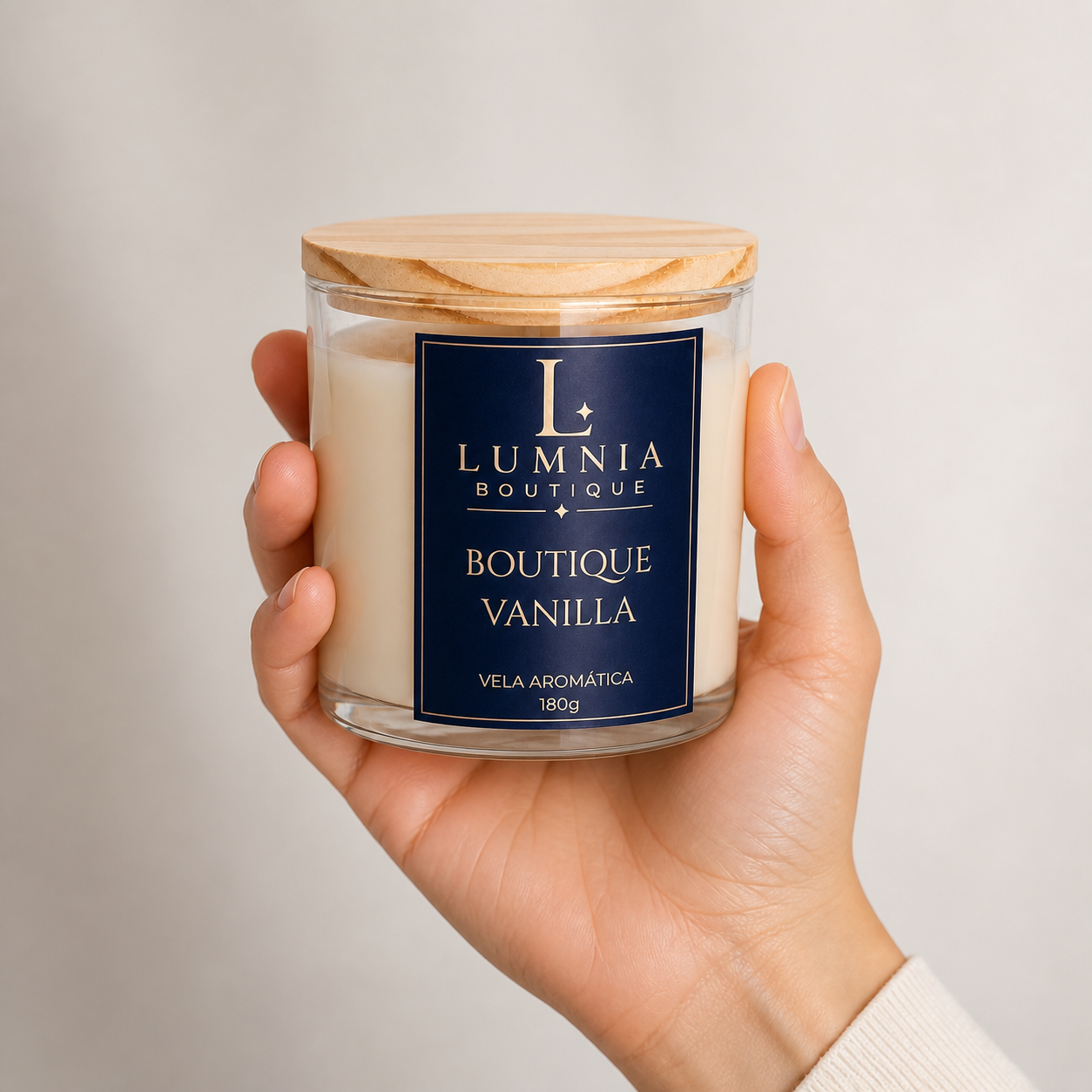 Vela aromática Lumnia Boutique Vanilla em mãos